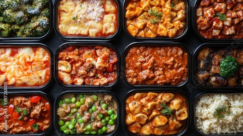 Frozen ready meals with a variety of frost-covered dishes like lasagna, curry, and stir-fries, viewed from above in an organized layout