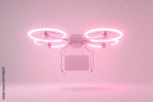 Minimalist pink neon drone hovering in a futuristic room showcasing the sleek design and modern technology used in aerial delivery and logistics automation systems