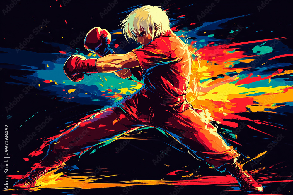 Anime-Style Kickboxer in Dramatic Fighting Stance with Vivid Colors Anime-Style Kickboxer in Dramatic Fighting Stance with Vivid Colors