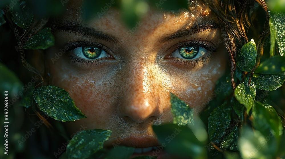 Green Eyes Peeking Through Lush Foliage: A Close-Up Portrait Green Eyes Peeking Through Lush Foliage: A Close-Up Portrait