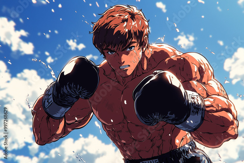 Intense Anime-Style boxer in Dynamic Combat Pose with Detailed Muscles