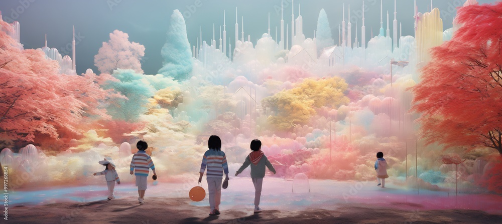 Fototapeta premium Gradient Mesh Illustration Japanese ShichiGoSan where children walk through a forest of towering crystals glowing softly and casting complex rainbow patterns on the ground