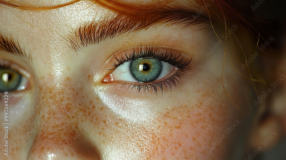 Close-Up Portrait of a Woman's Eye with Freckles and Green Eyes Close-Up Portrait of a Woman's Eye with Freckles and Green Eyes
