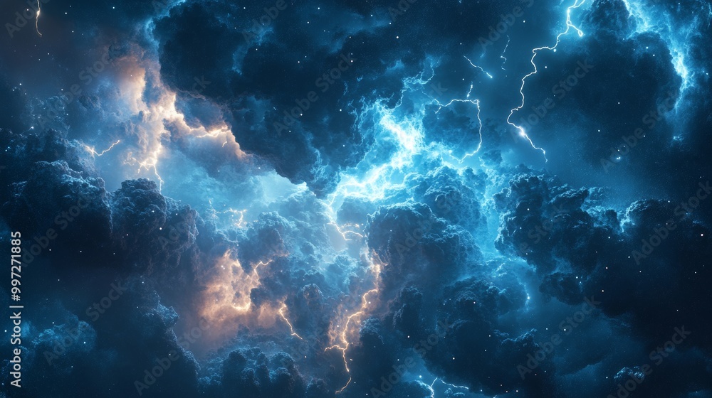Lightning bolts spiraling through storm clouds with futuristic holographic elements, Futuristic, Cool metallic tones, Illustration, High-tech energy patterns in the clouds Lightning bolts spiraling through storm clouds with futuristic holographic elements, Futuristic, Cool metallic tones, Illustration, High-tech energy patterns in the clouds