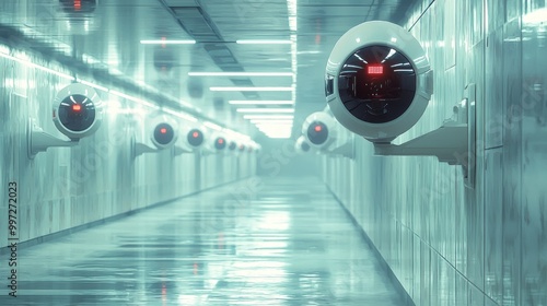 Futuristic corridor with surveillance cameras on the walls.