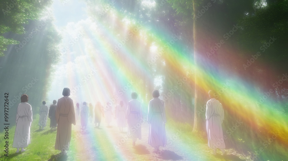 Fototapeta premium Iridescent Light Beams Illustration Japanese Coming of Age Day where participants walk through field of soft glowing light beams ripple iridescent colors as they move representing their future paths