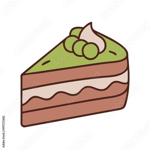  Cartoon Slice of Green Tea Cake with Cream and Toppings Vector Illustration