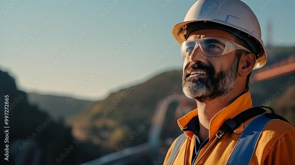 Obraz premium A construction worker in safety gear gazes thoughtfully into the distance, surrounded by a scenic landscape during golden hour.