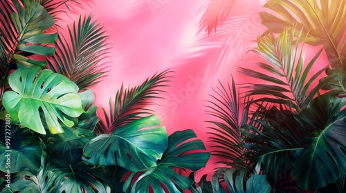 Lush monstera and palm leaves, vibrant green tones against a neon pink backdrop, watercolor effect, soft blending, summery and fresh