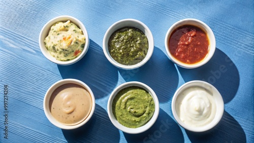 Set of different Sauce in white bowl from top view isolated on background, flat lay of various tasty dipping sauces cuisine.