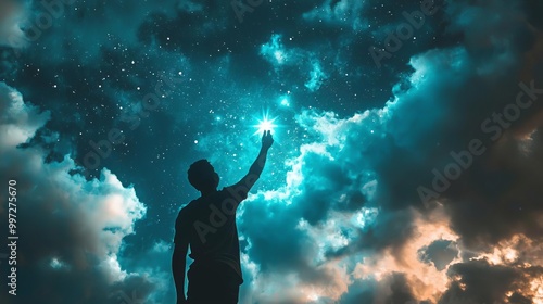 Wallpaper Mural Person reaching for a star in the sky, symbolizing ambition and setting high goals, surrounded by clouds and a night sky. Torontodigital.ca