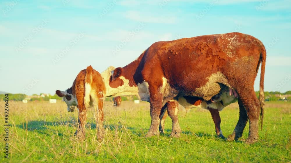 Two Calves Nursing from Their Mother in a Sunlit Pasture Two Calves Nursing from Their Mother in a Sunlit Pasture