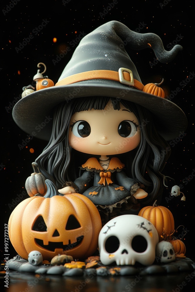 Cute Halloween Witch Figurines with Pumpkins and Skulls in Autumn Theme Cute Halloween Witch Figurines with Pumpkins and Skulls in Autumn Theme