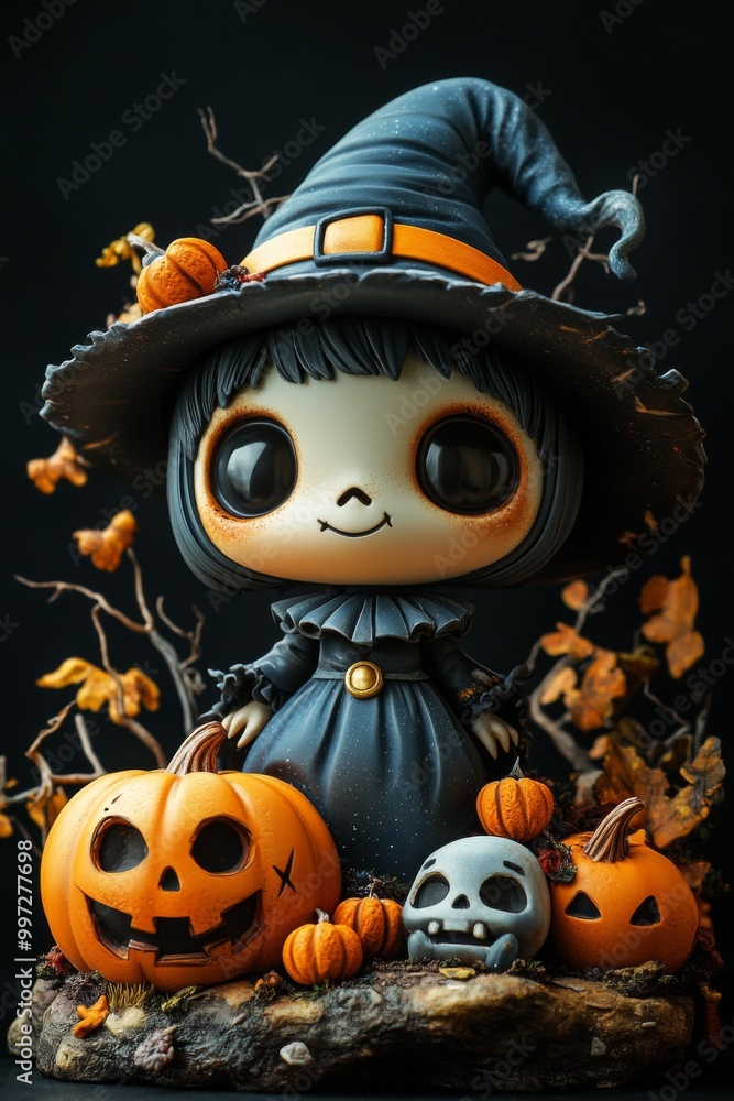 Cute Halloween Witch Figurines with Pumpkins and Skulls in Autumn Theme Cute Halloween Witch Figurines with Pumpkins and Skulls in Autumn Theme