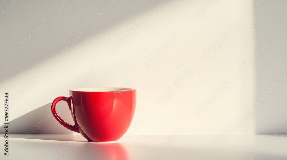 A bold red coffee cup rests on a pristine white surface, capturing the essence of warmth and comfort, enhanced by gentle sunlight streaming in A bold red coffee cup rests on a pristine white surface, capturing the essence of warmth and comfort, enhanced by gentle sunlight streaming in