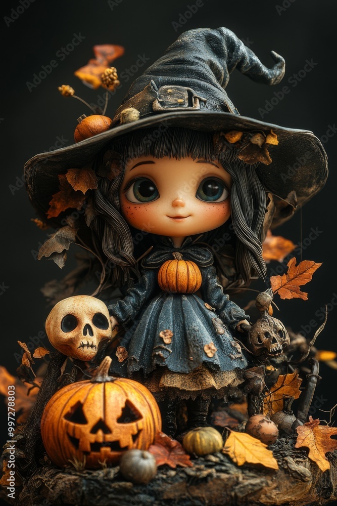 Cute Halloween Witch Figurines with Pumpkins and Skulls in Autumn Theme Cute Halloween Witch Figurines with Pumpkins and Skulls in Autumn Theme