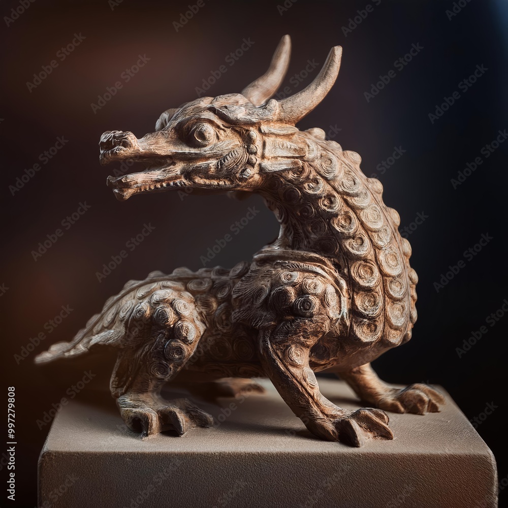 Close-Up of Intricately Detailed Ancient Artifact of Mythical Creature on Stone Pedestal Close-Up of Intricately Detailed Ancient Artifact of Mythical Creature on Stone Pedestal