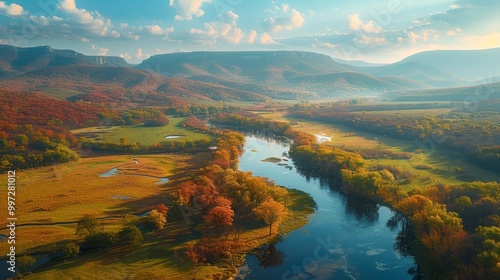 Scenic Autumn Landscape with Colorful Forests and Mountains 