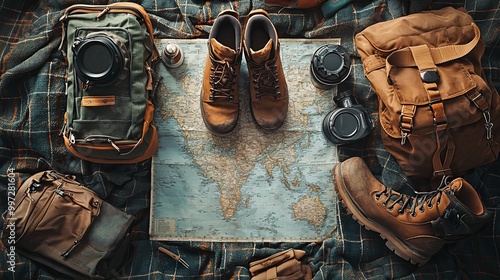 Hiking boots, backpacks, binoculars, a compass, and a world map lay on a checkered blanket, suggesting an adventure is about to begin.