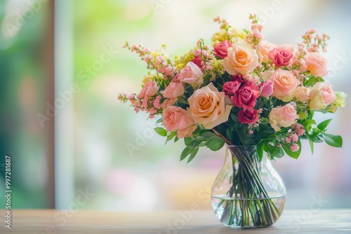 Wallpaper Mural A vibrant bouquet of roses and delicate blooms arranged in a glass vase sits elegantly on a light wood table, catching the soft light. Generative AI Torontodigital.ca
