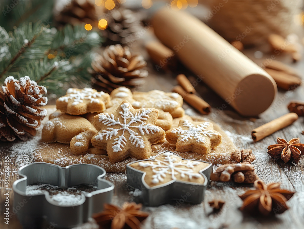 Christmas gingerbread cookies dough with metal cutters on rustic table with wooden rolling pin, cinnamon ,anise, cones, christmas decorations. Atmospheric stylish image, winter holidays Christmas gingerbread cookies dough with metal cutters on rustic table with wooden rolling pin, cinnamon ,anise, cones, christmas decorations. Atmospheric stylish image, winter holidays