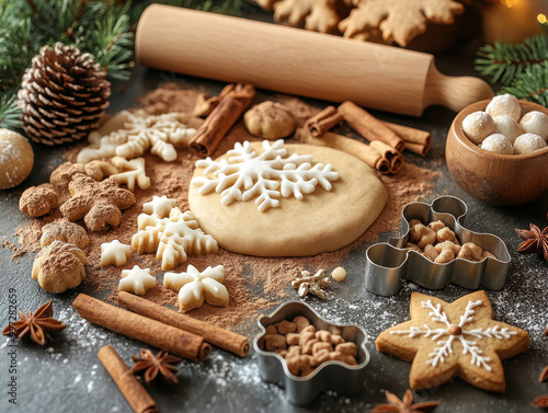 Christmas gingerbread cookies dough with metal cutters on rustic table with wooden rolling pin, cinnamon ,anise, cones, christmas decorations. Atmospheric stylish image, winter holidays photo