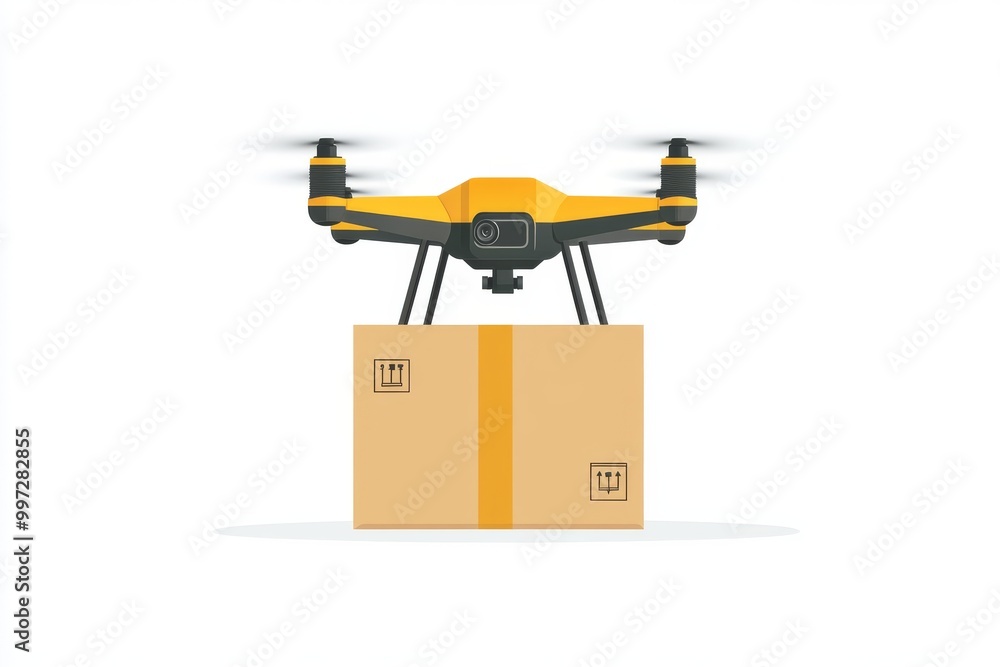 Yellow drone with black rotors hovering over a delivery box symbolizing UAV technologys integration in smart high speed logistics and automated delivery systems Yellow drone with black rotors hovering over a delivery box symbolizing UAV technologys integration in smart high speed logistics and automated delivery systems