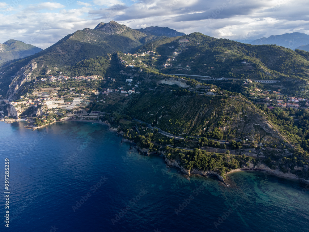 Obraz premium Aerial view on Italian Riviera and Mediterranean Sea from French-Italian border in Grimaldi village, Ventimiglia near San-Remo, travel destination, panoramic view from above