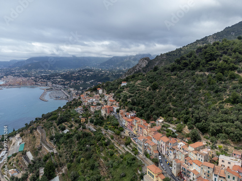 Aerial view on French Riviera, Menton, Monte-Carlo and Monaco and Mediterranean Sea from French-Italian border in Grimaldi village, Ventimiglia, travel destination, panoramic view from above