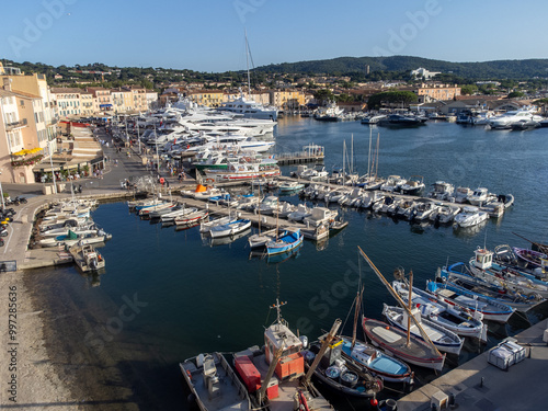 Aerial view on boats, yachts and old port of famous Saint-Tropez town on French Riviera, Var, Provence, France, summer vacation destination photo