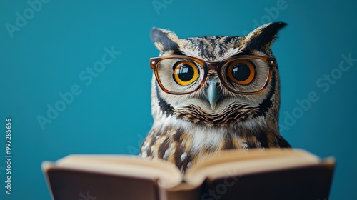 Wallpaper Mural Wise owl wearing glasses, reading a book on blue background symbolizing knowledge and wisdom Torontodigital.ca
