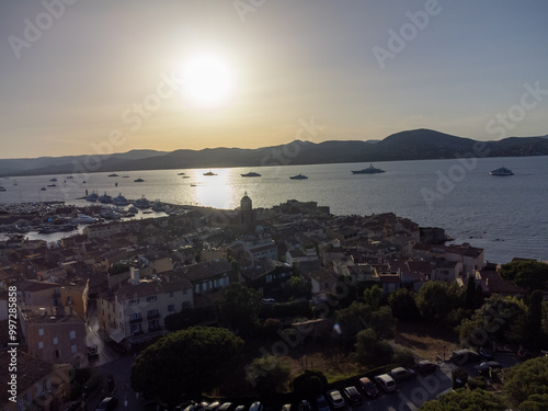 Aerial view on bay, hills,, old citadel fort, olorful houses of famous Saint-Tropez town on French Riviera, Var, Provence, France, summer vacation destination