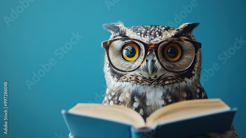 Wallpaper Mural Wise owl wearing glasses, reading a book on blue background symbolizing knowledge and wisdom Torontodigital.ca