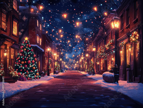 Wallpaper Mural Christmas show on the streets of Los Angeles. Cartoon style. Multi colored fairy lights for the Christmas tree. Advertising for books, illustrations and cartoons Torontodigital.ca