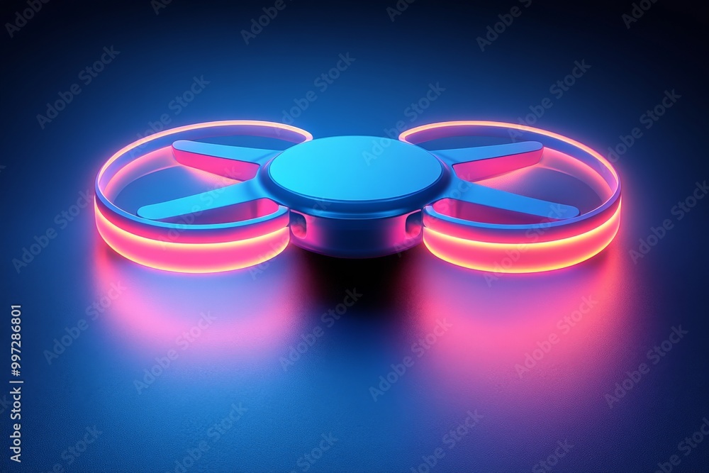 Neon blue circular drone with glowing propellers resting on a futuristic platform symbolizing modern UAV technology in high tech logistics and transportation systems Neon blue circular drone with glowing propellers resting on a futuristic platform symbolizing modern UAV technology in high tech logistics and transportation systems