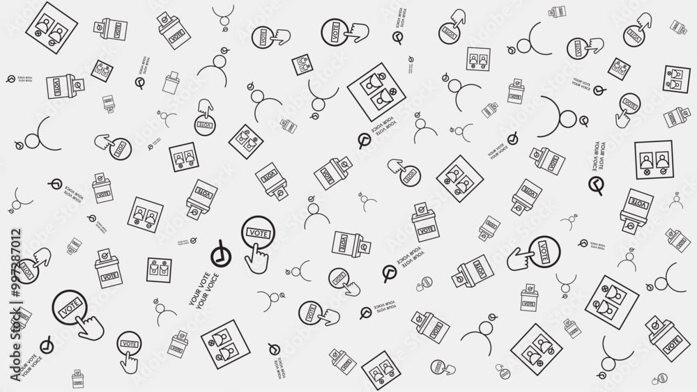 Pattern background with Election icon , vote icon , box and text Your Vote is Your Voice , a doodle vote for election isolated in white Pattern background with Election icon , vote icon , box and text Your Vote is Your Voice , a doodle vote for election isolated in white