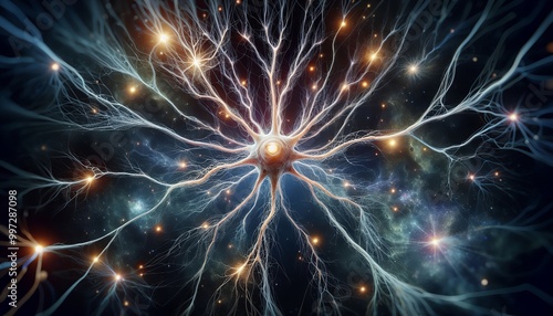 Neural network concept art with glowing synapses and dark background. photo