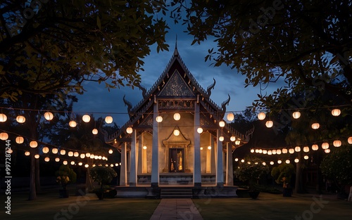 A traditional Thai temple with ornate details is illuminated by string lights at dusk, creating a serene and spiritual atmosphere.