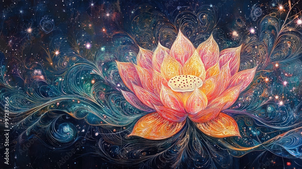 Cosmic lotus with radiant sacred geometry, glowing orbs, and vibrant cosmic energy Cosmic lotus with radiant sacred geometry, glowing orbs, and vibrant cosmic energy