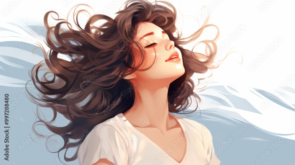 Casual Anime-Style Girl with Long Curly White Hair, Smiling with Closed Eyes, in a White Shirt, Profile Picture Design Casual Anime-Style Girl with Long Curly White Hair, Smiling with Closed Eyes, in a White Shirt, Profile Picture Design