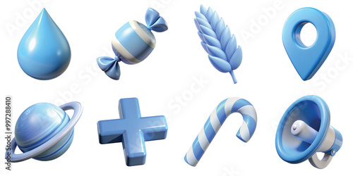 Collection of 3d blue icons including eater drop, candy, wheat ear, candy cane, cross, loudspeaker, space planet