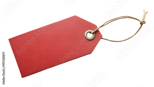 Red price tag with a metal ring on a white background, perfect for labeling items or promotions. Transparent or white background.