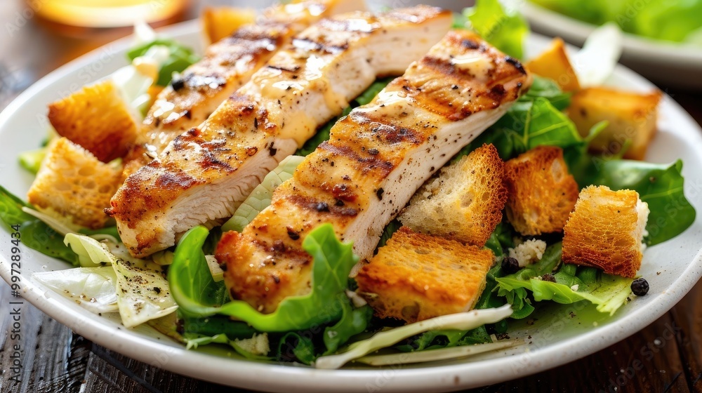 Juicy grilled chicken Caesar salad with romaine and croutons Juicy grilled chicken Caesar salad with romaine and croutons