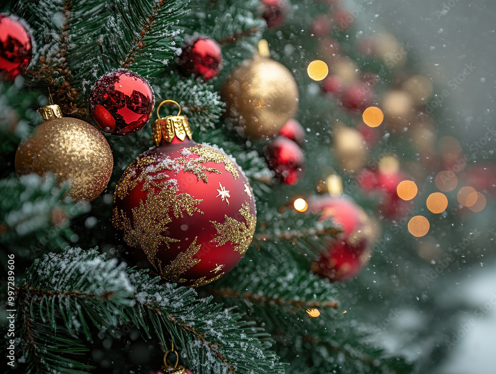 Close-up of a beautifully decorated Christmas tree, festive atmosphere, snowy background Close-up of a beautifully decorated Christmas tree, festive atmosphere, snowy background