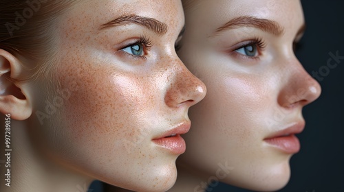 Facial skin before-and-after melasma treatment, highlighting dramatic improvement in dark spot reduction and smooth complexion, Digital Rendering, High Contrast