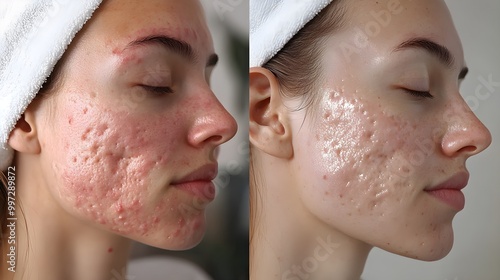 Dermatological treatment journey  before-and-after series depicting reduction in acne, scarring, and redness on a patient's face over three months