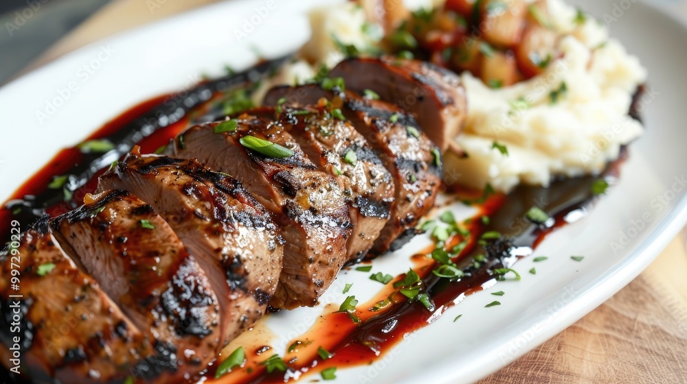 Juicy grilled pork tenderloin with roasted garlic mashed potatoes and apple chutney Juicy grilled pork tenderloin with roasted garlic mashed potatoes and apple chutney