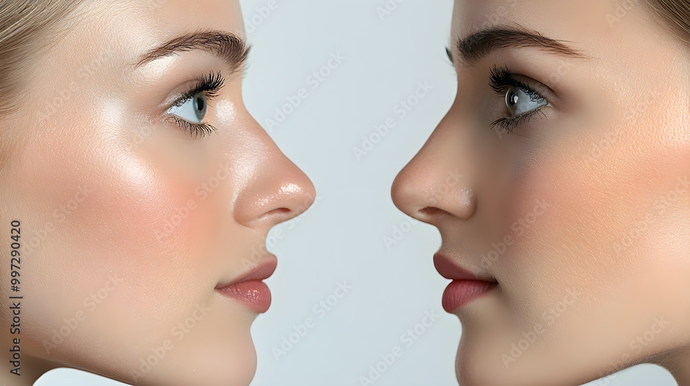 Nose reshaping journey, displaying a hooked nasal profile before surgery, straightened into a sleek, elegant shape post-operation Nose reshaping journey, displaying a hooked nasal profile before surgery, straightened into a sleek, elegant shape post-operation