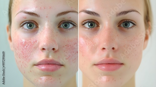 Before-and-after comparison of a patient with hormonal acne treated through laser therapy, showing skin clearing after multiple treatments