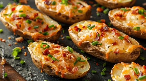 Loaded potato skins with melted cheese and chives